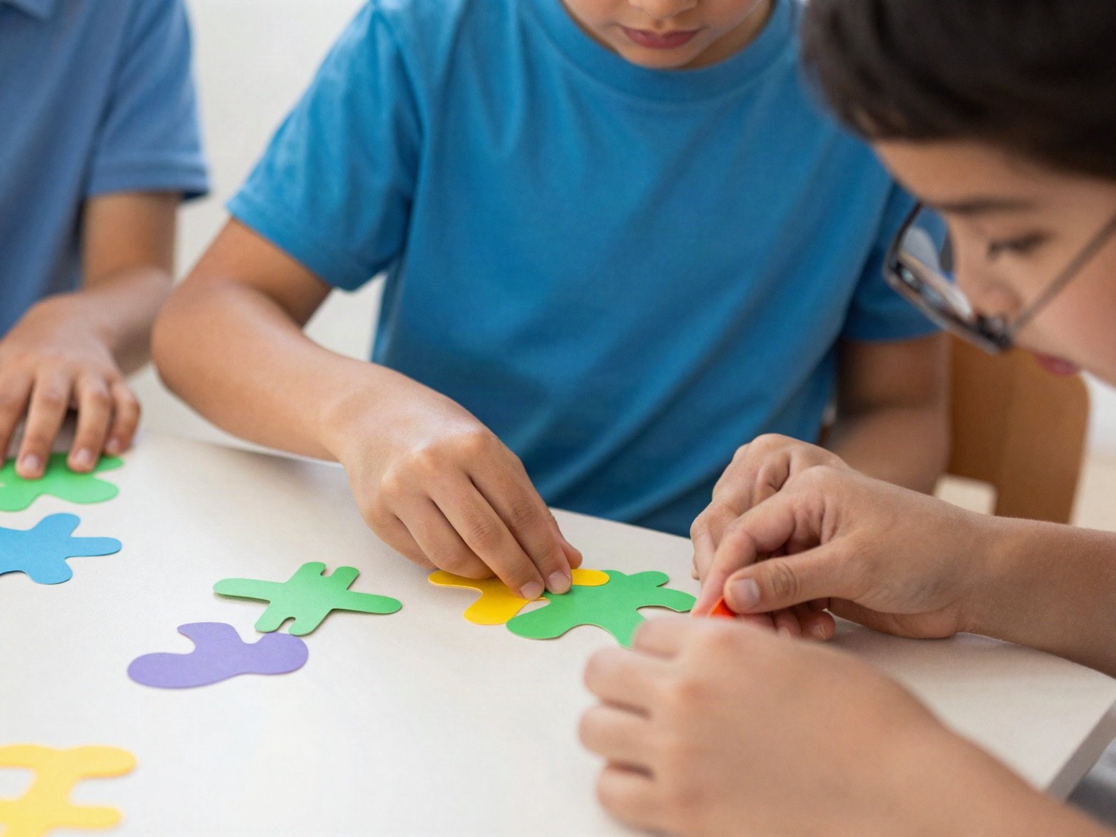Children gluing colourful paper shapes at a craft table