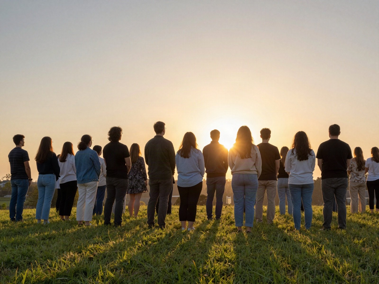 Congregation facing the sunrise on a grassy hill