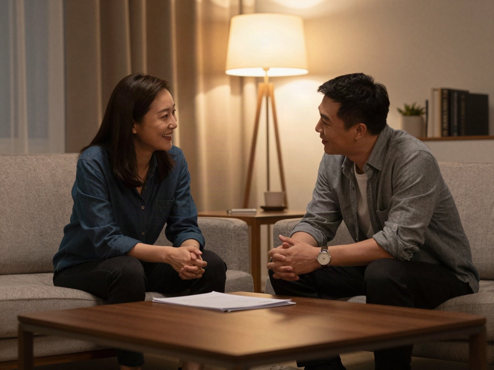 Two people talking warmly in a lamplit living room