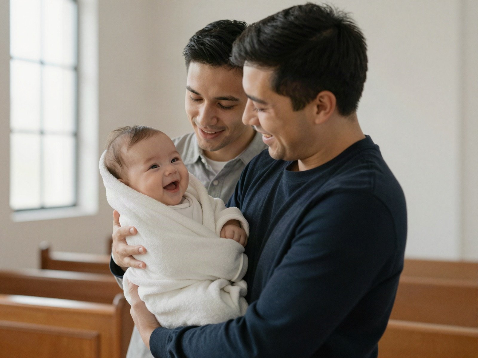 Young parents smiling at their baby wrapped in a white blanket