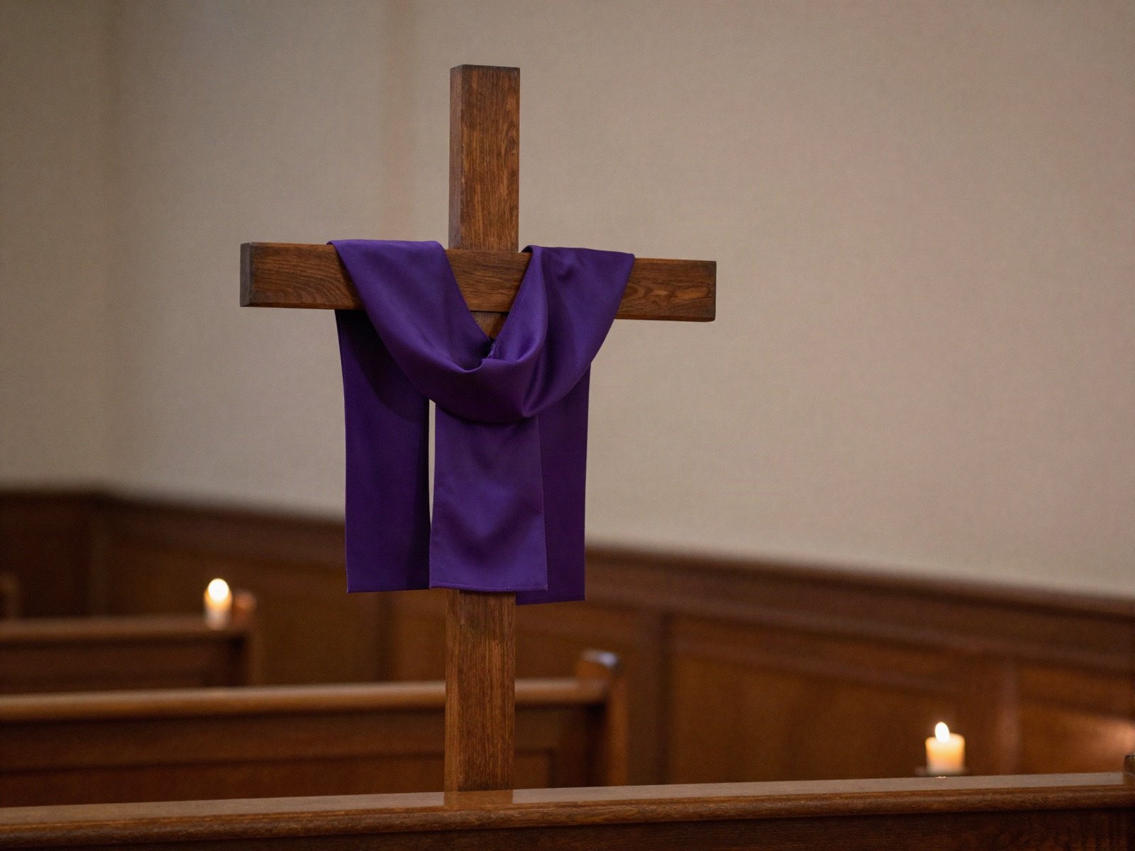 Wooden cross draped with purple cloth in a candlelit church