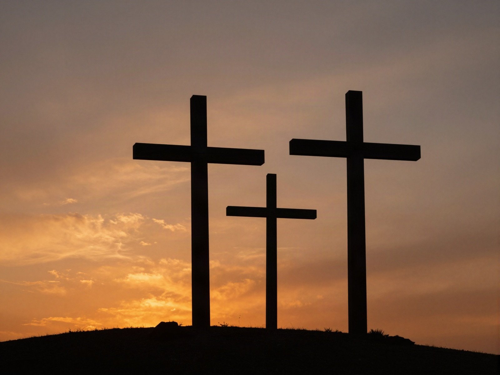 Three wooden crosses silhouetted on a hill at dusk