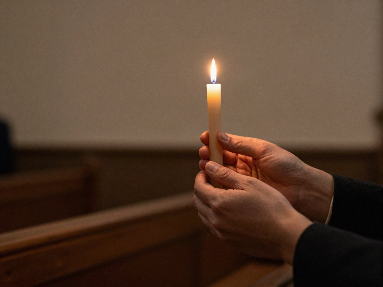 Hands holding a lit candle in a dark church