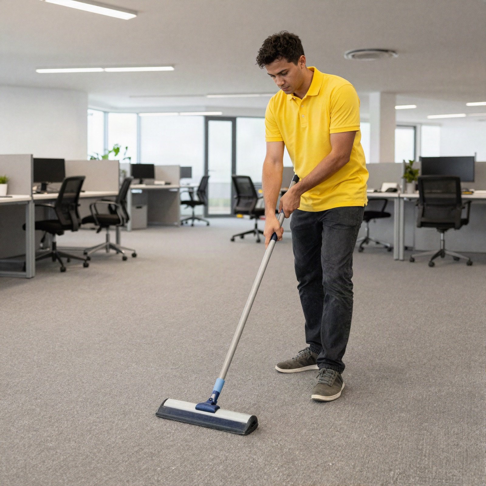 A cleaner mopping the floor of an open-plan office