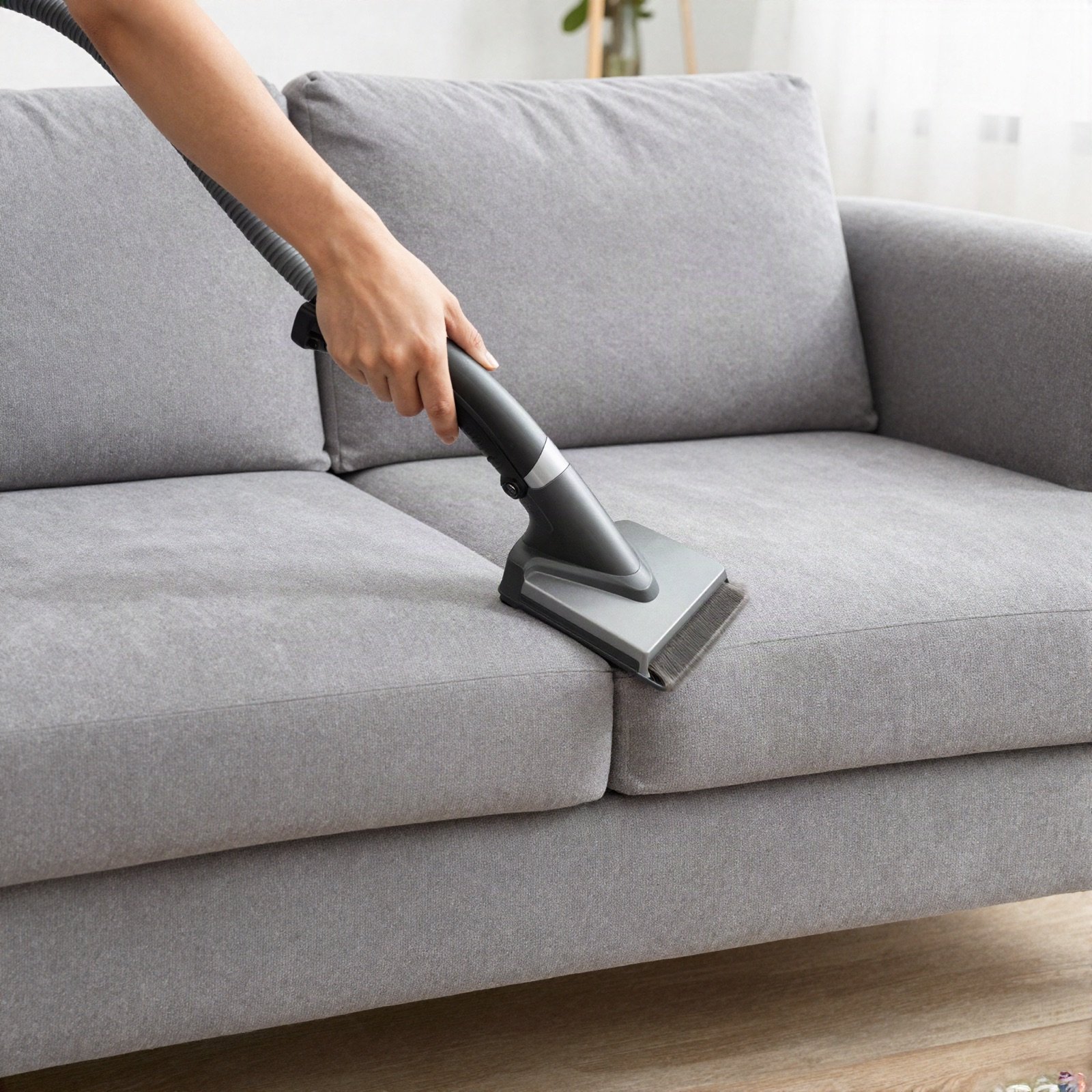 A grey sofa being cleaned with an upholstery tool
