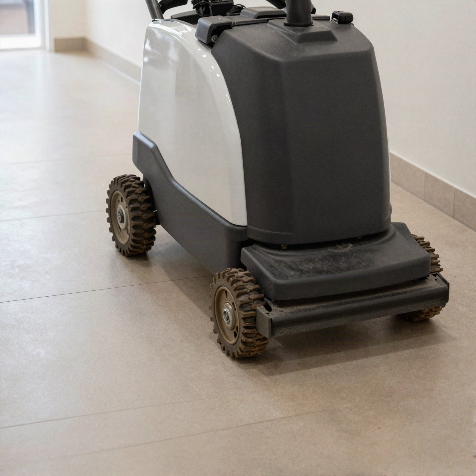 A floor scrubbing machine on a polished tiled floor