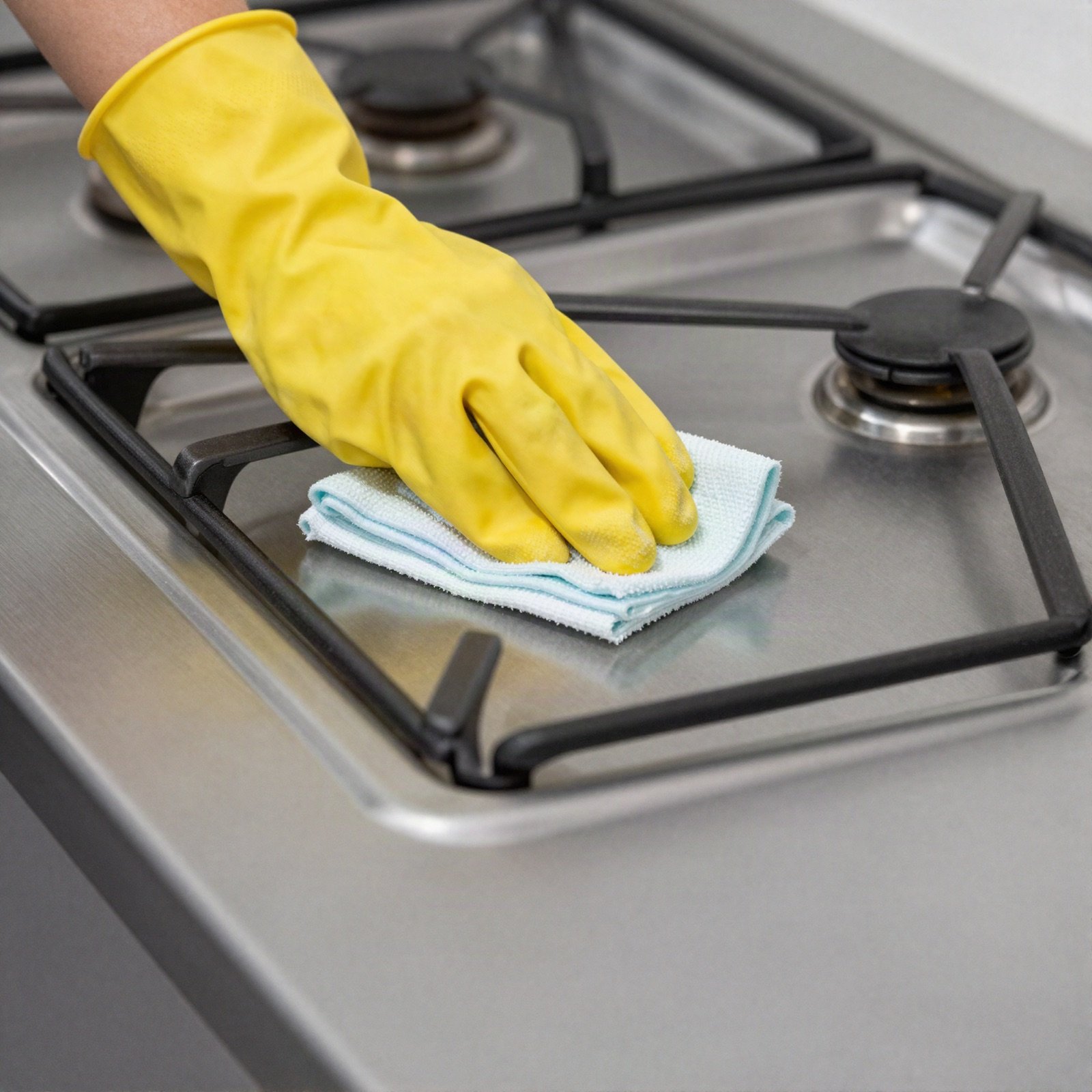 A gloved hand wiping a stainless steel gas hob