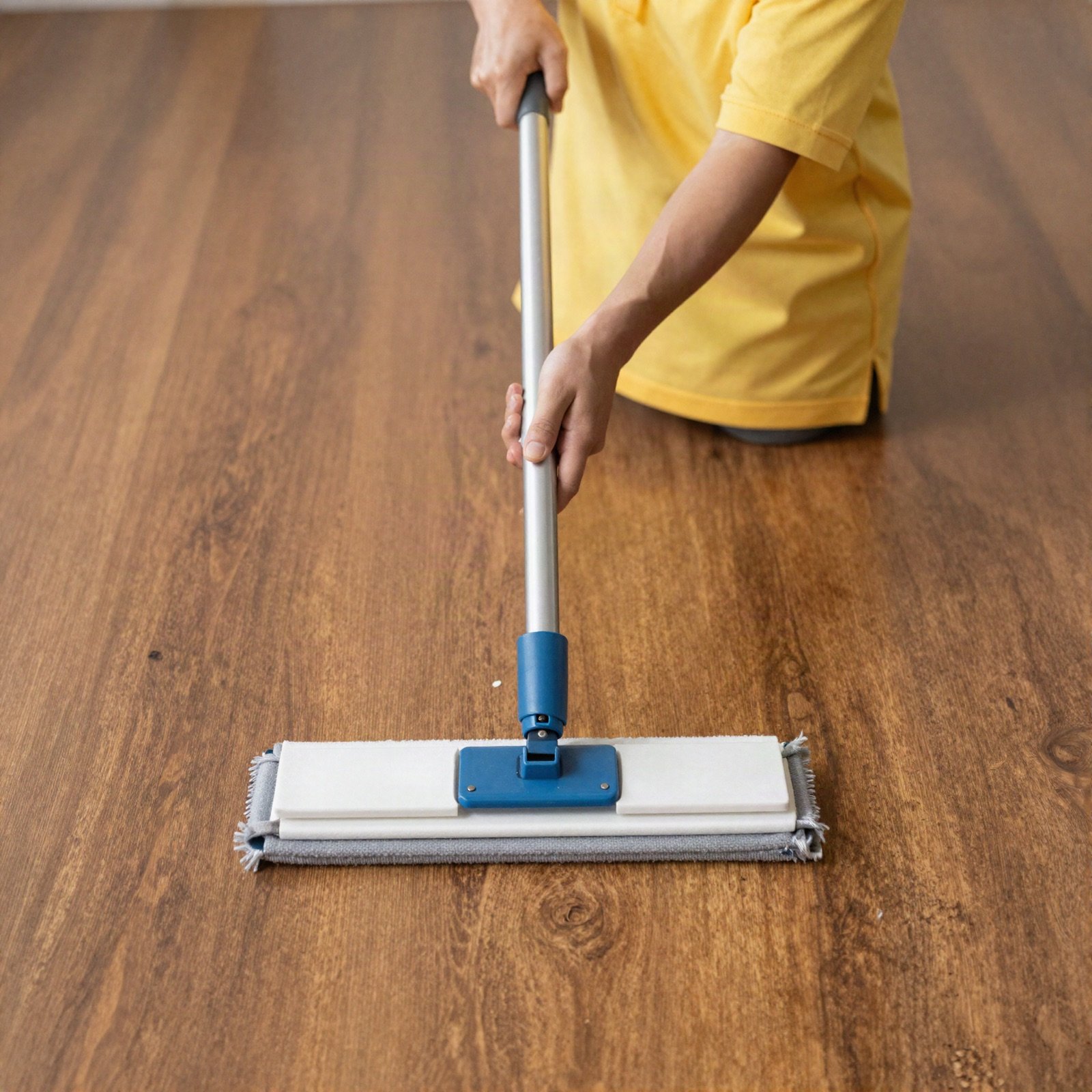 A flat mop cleaning a glossy wooden floor