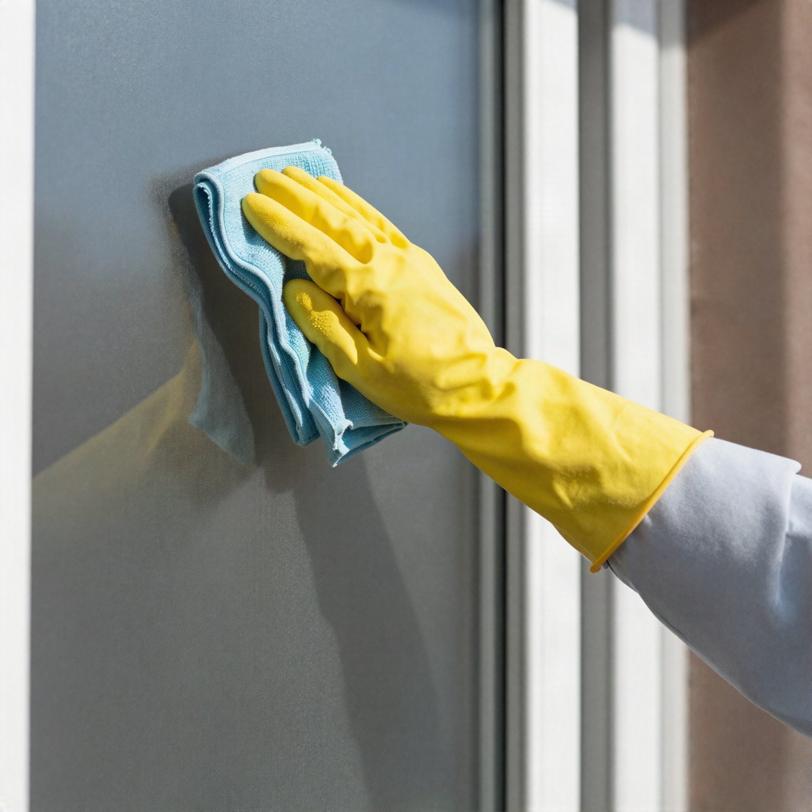 A gloved hand wiping a glass patio door