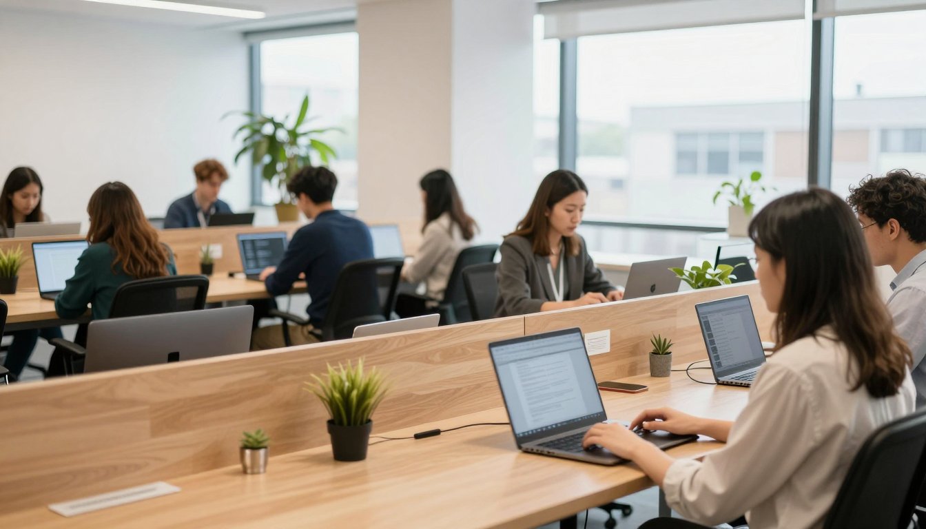 أشخاص يعملون على حواسيبهم المحمولة على طاولات مشتركة في مساحة عمل مشرقة
