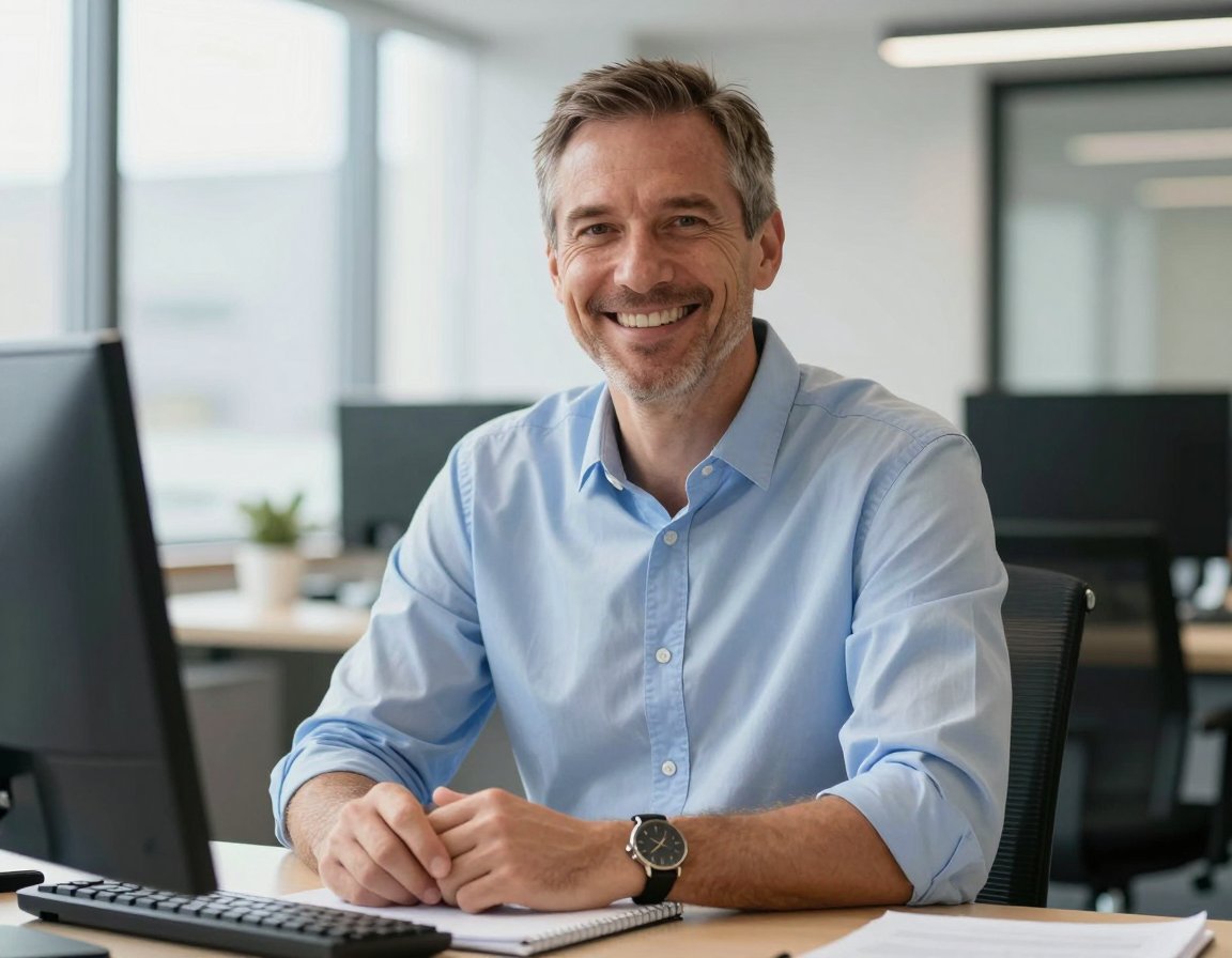 Smiling coach in a light blue shirt sitting at his desk in a bright office