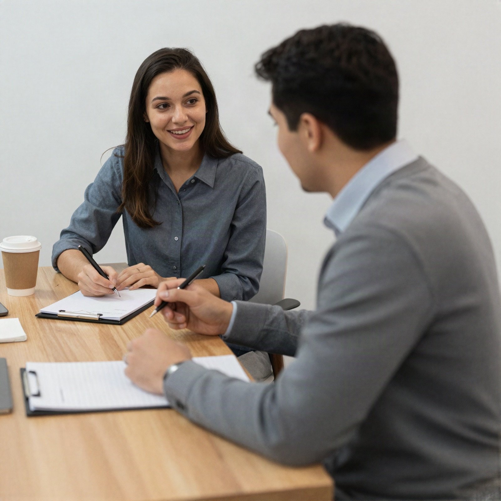 A coach and a client talking over notebooks at a wooden table
