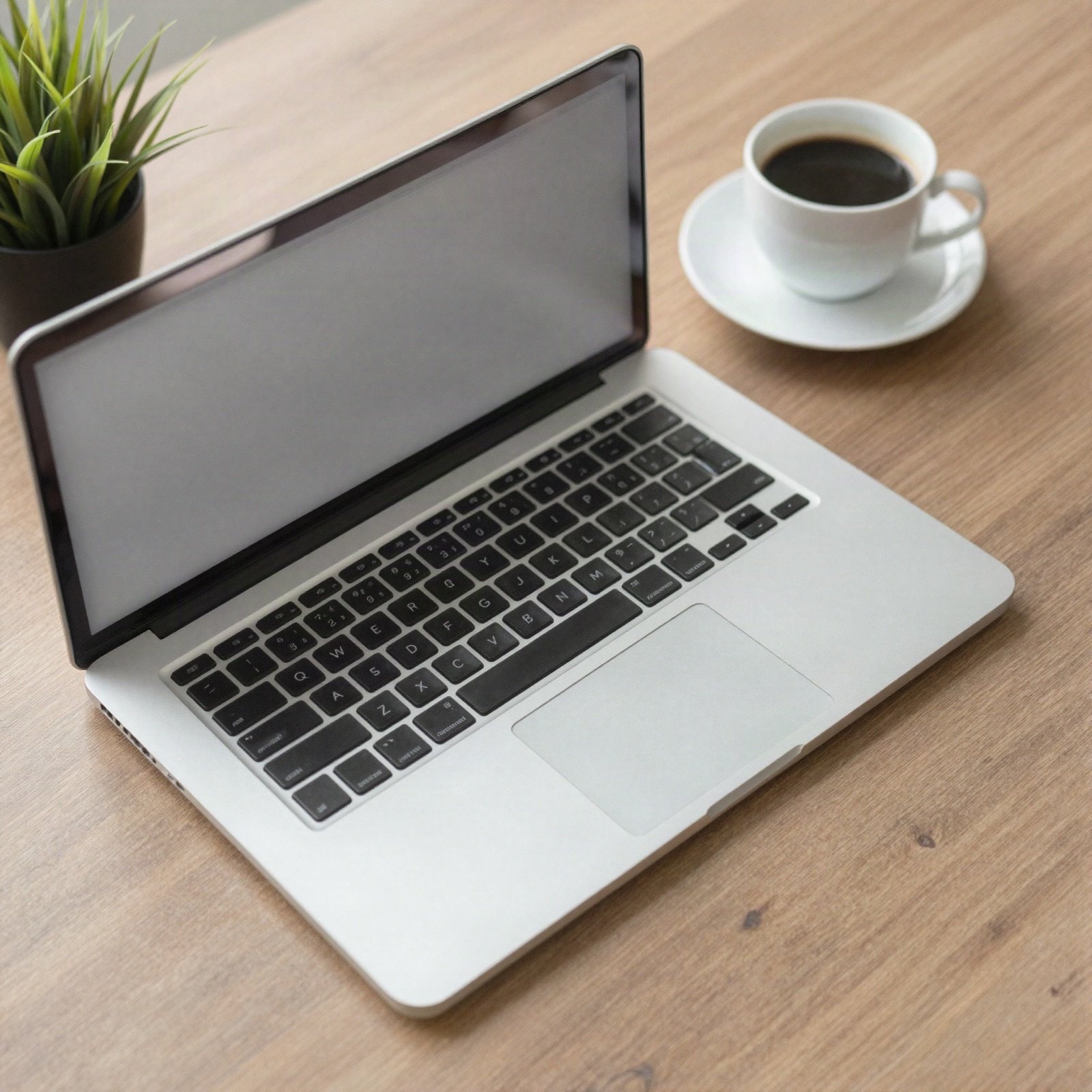 A laptop, a cup of coffee and a small plant on a wooden desk