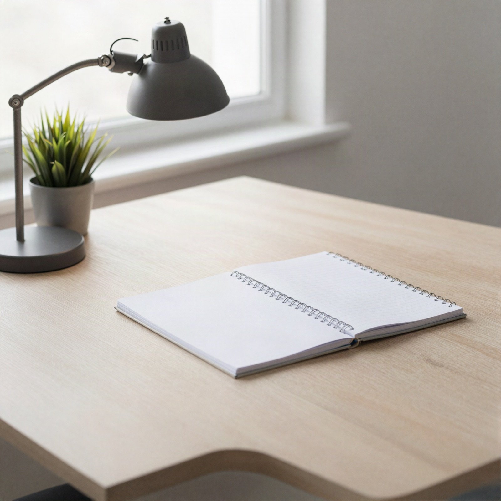 A minimal desk with a lamp, plant and open notebook by a window