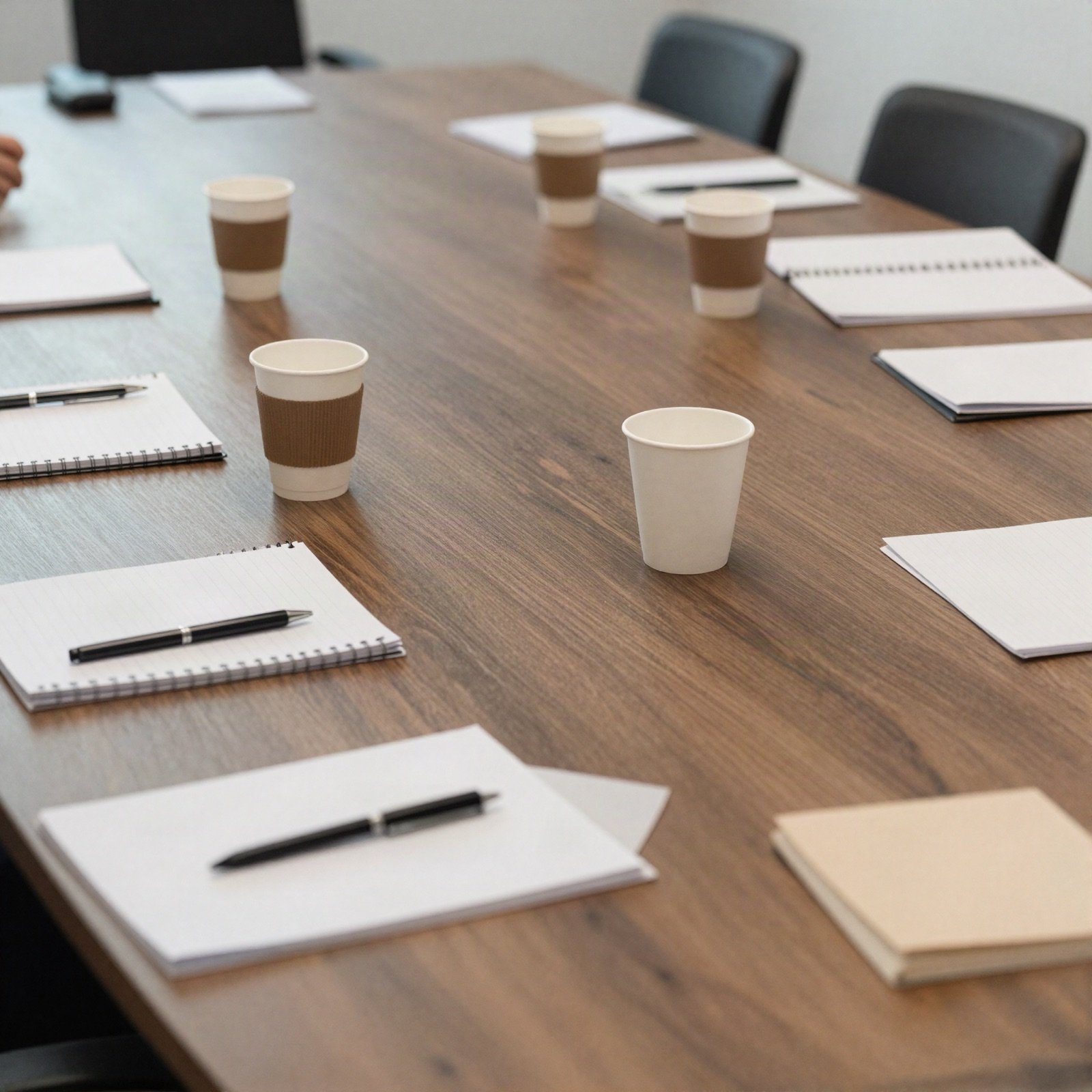 A meeting table set with notebooks, pens and coffee cups