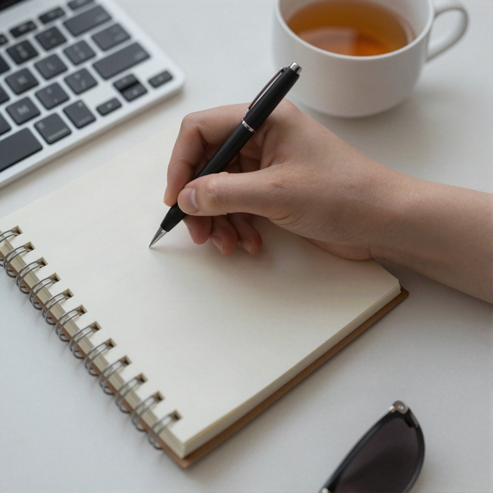 A hand writing in a notebook next to a keyboard and a cup of tea