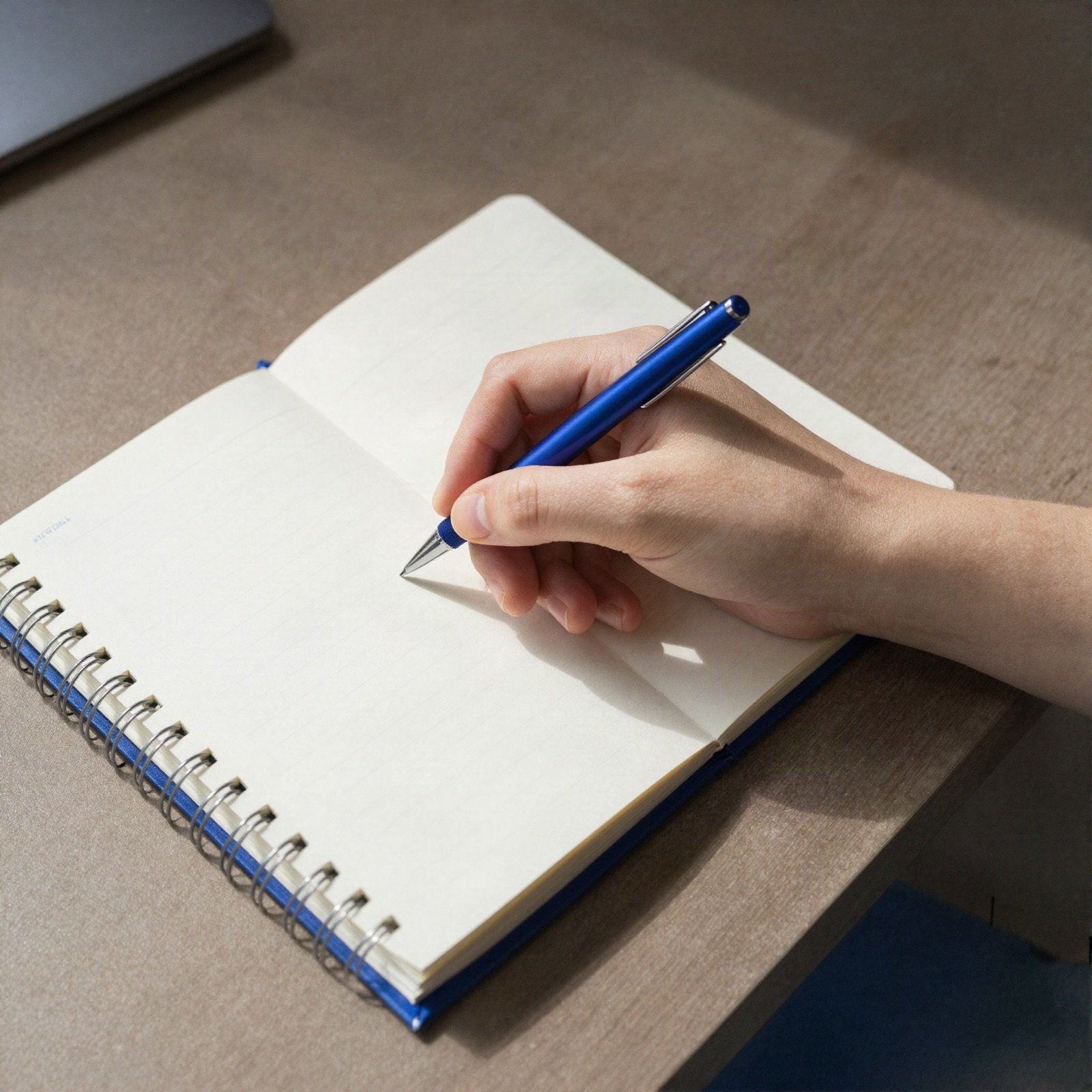 A hand planning goals in a notebook with a blue pen