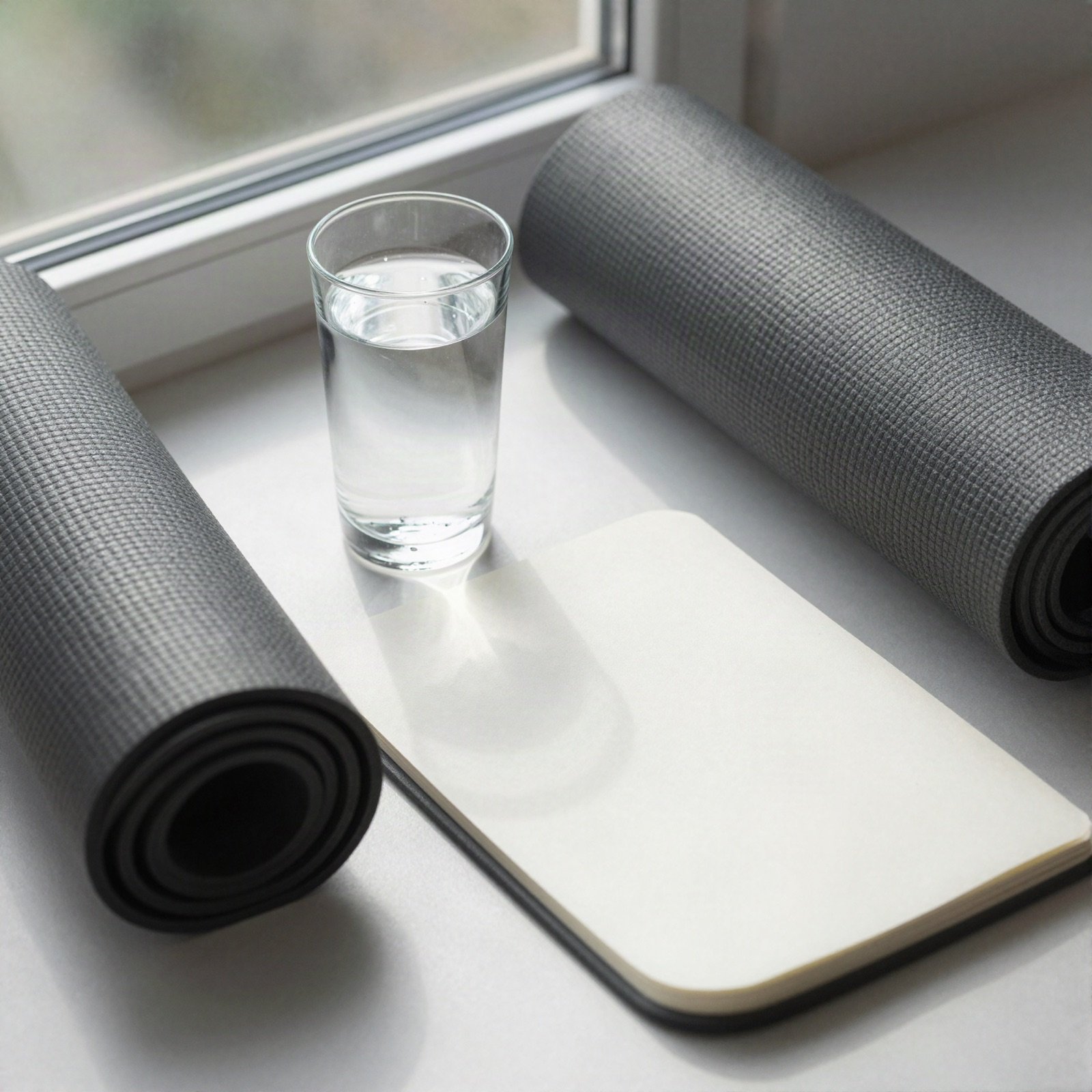 A glass of water, a yoga mat and a journal on a windowsill