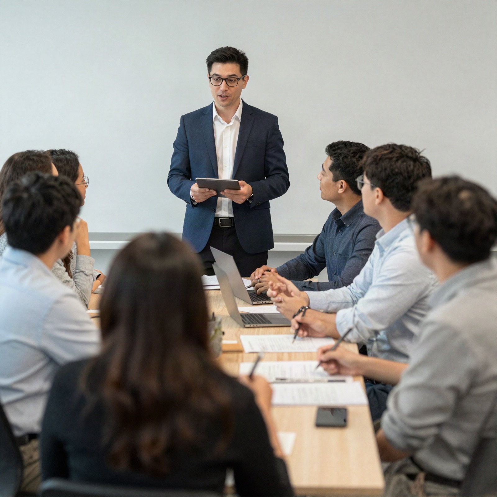 A team leader talking with colleagues around a meeting table