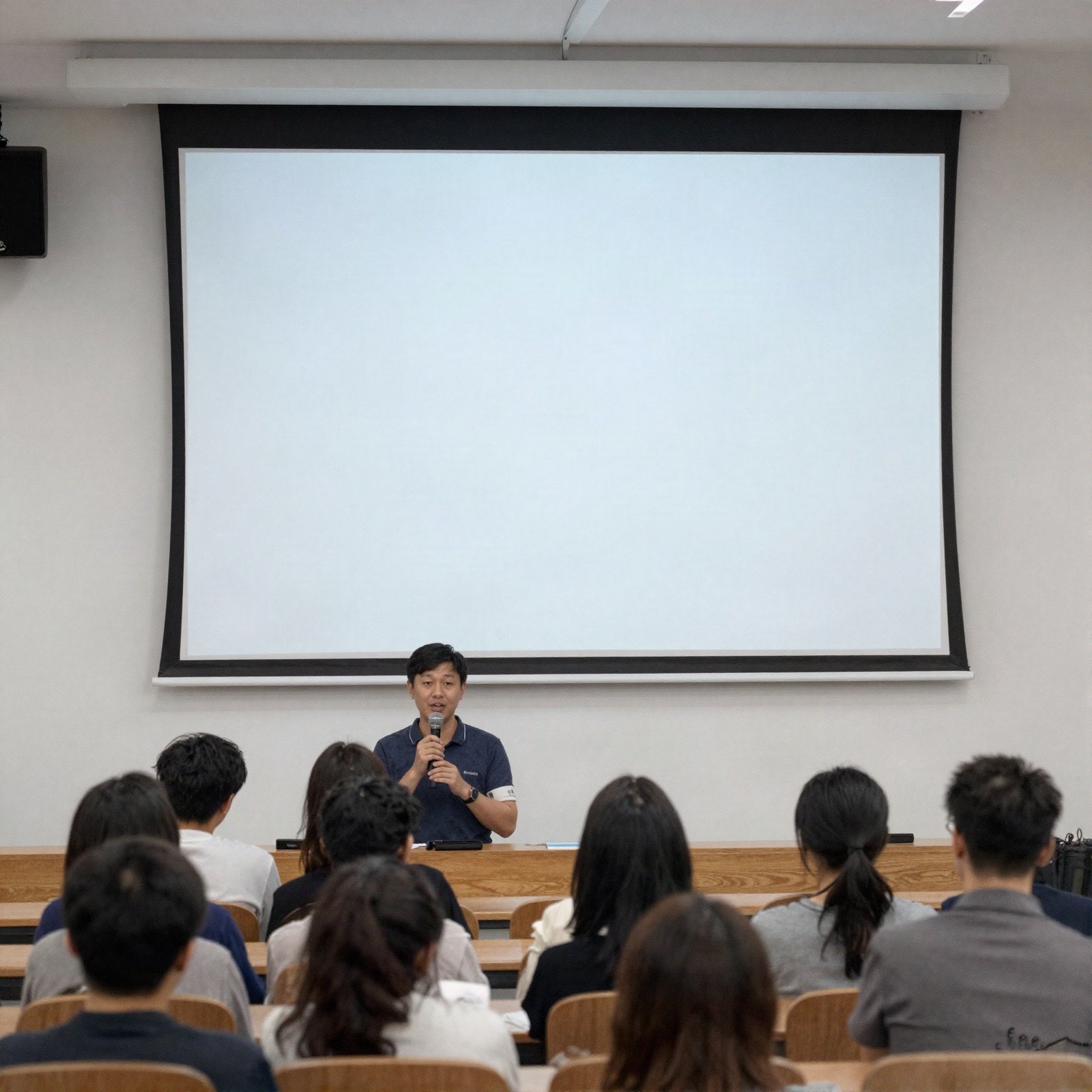 A speaker with a microphone presenting to a seminar audience