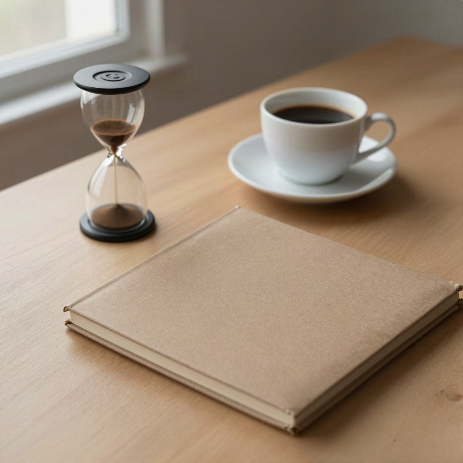 An hourglass, a cup of coffee and a notebook on a wooden desk