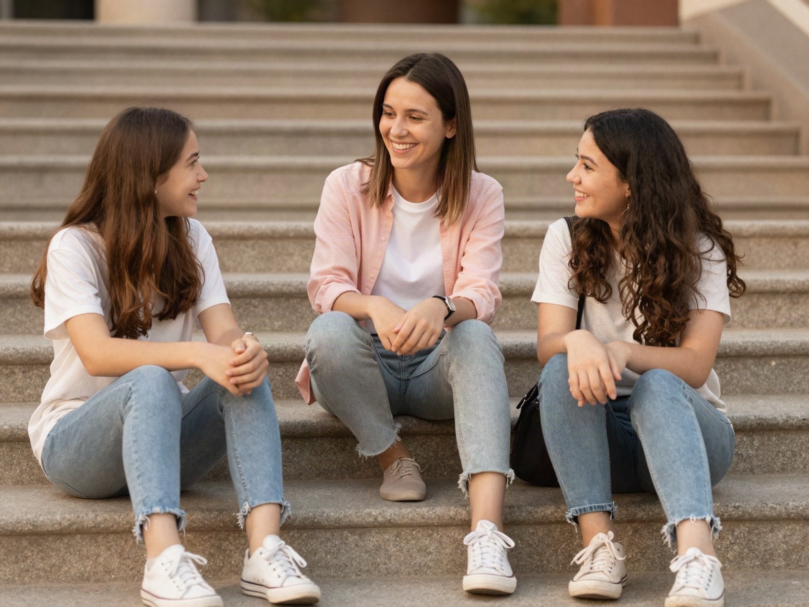 A volunteer mentor laughing with two teenage girls as they sit together on sunny stone steps