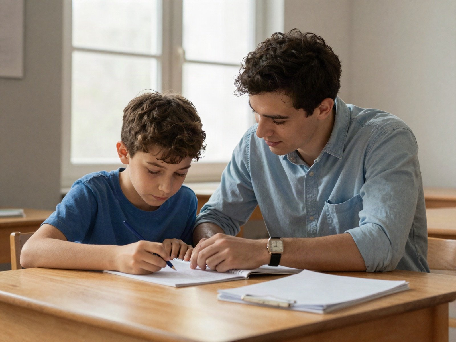 A young mentor helping a boy with his homework at a wooden table