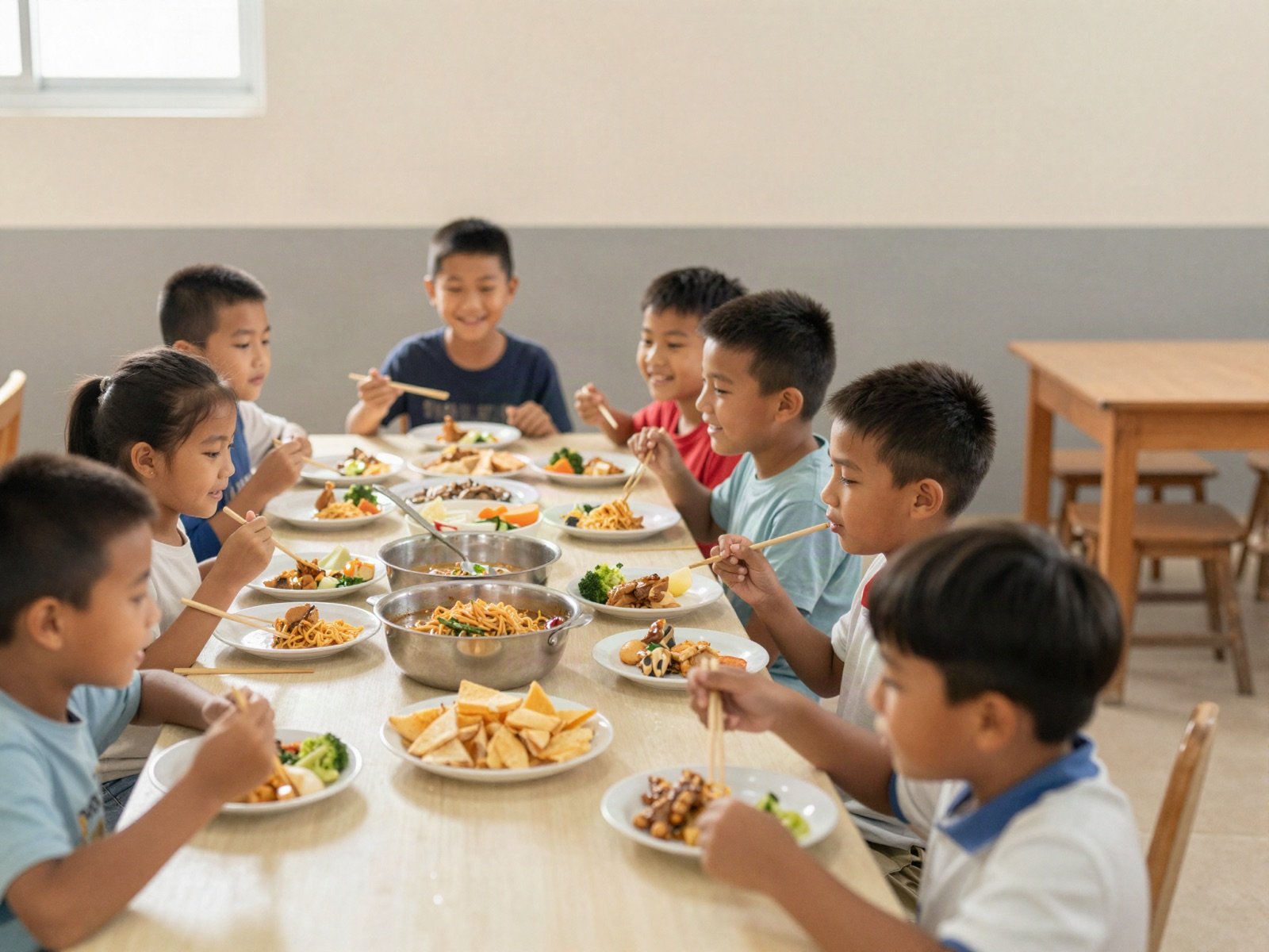 Children sharing a hot meal at a long table in a community dining hall