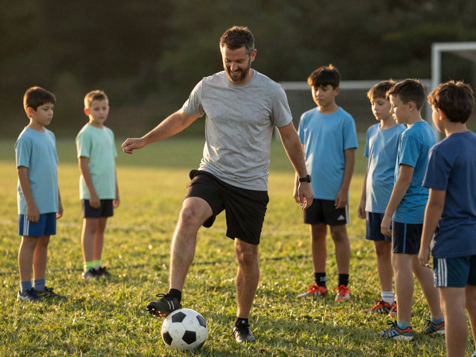 A volunteer coach playing football with a group of children on a grassy field