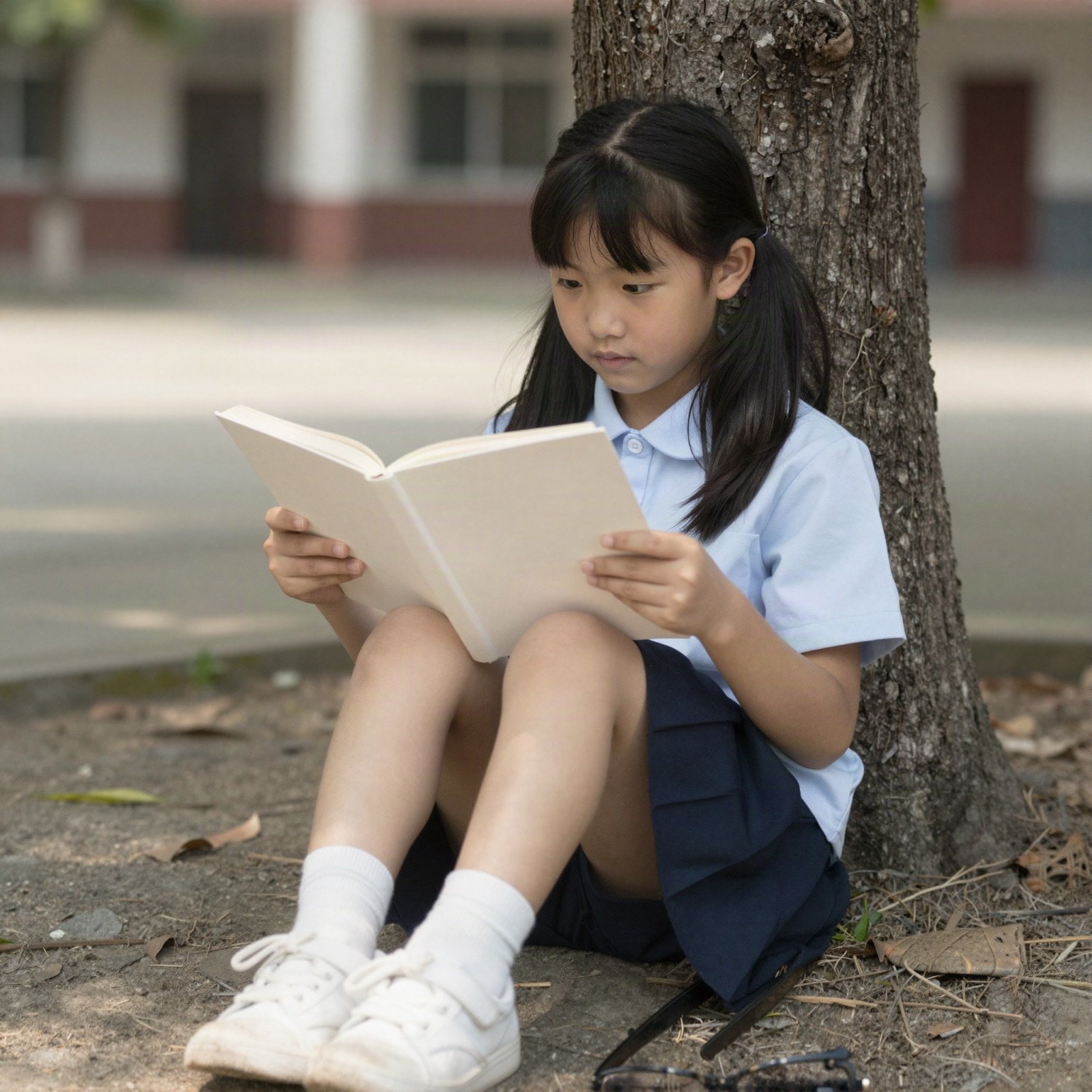 A girl reading a book under a tree in a schoolyard