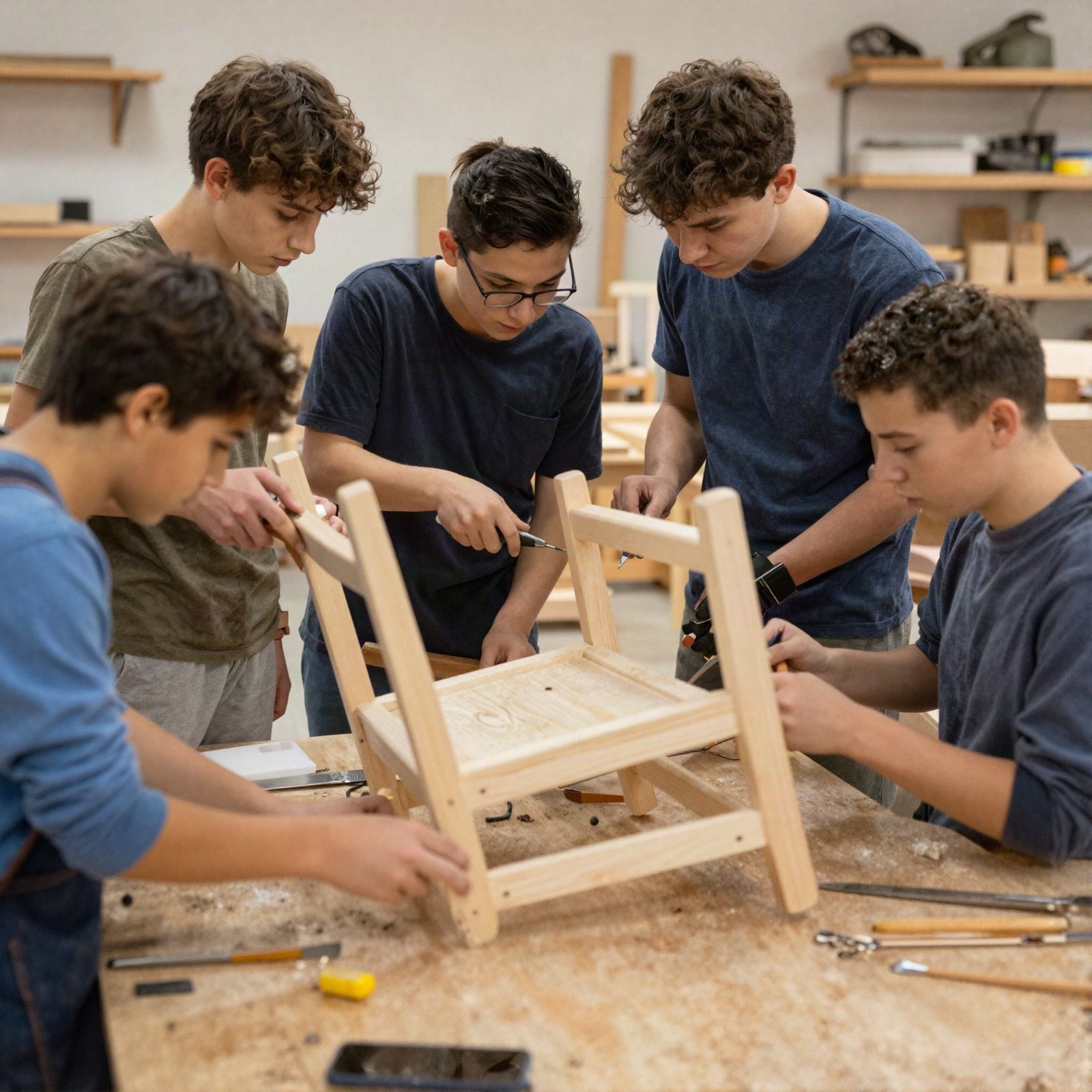 Teenagers building a wooden chair together in a training workshop