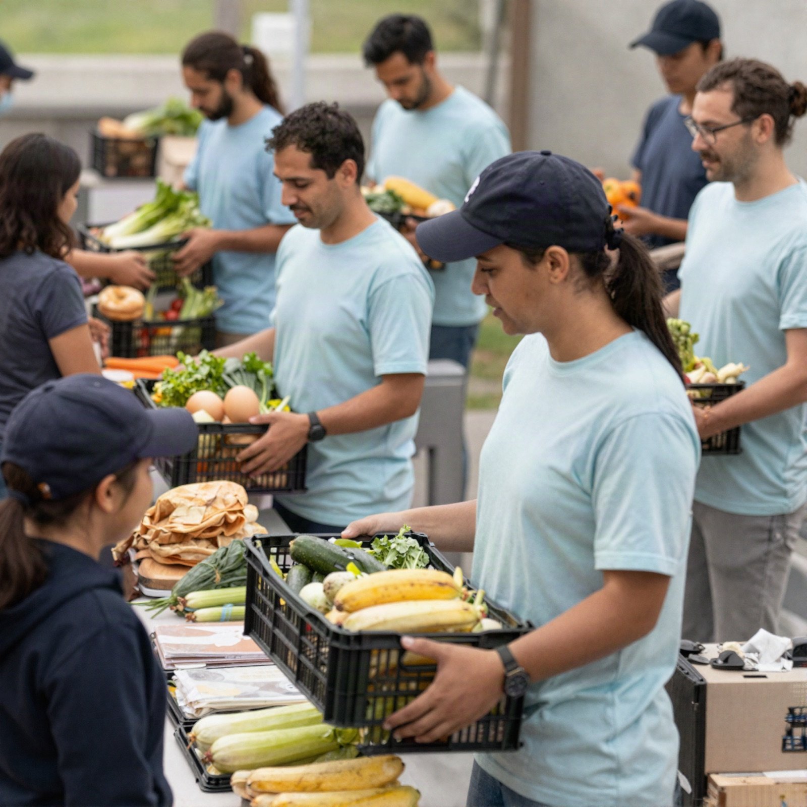 Volunteers handing crates of fresh vegetables to families at a food drive
