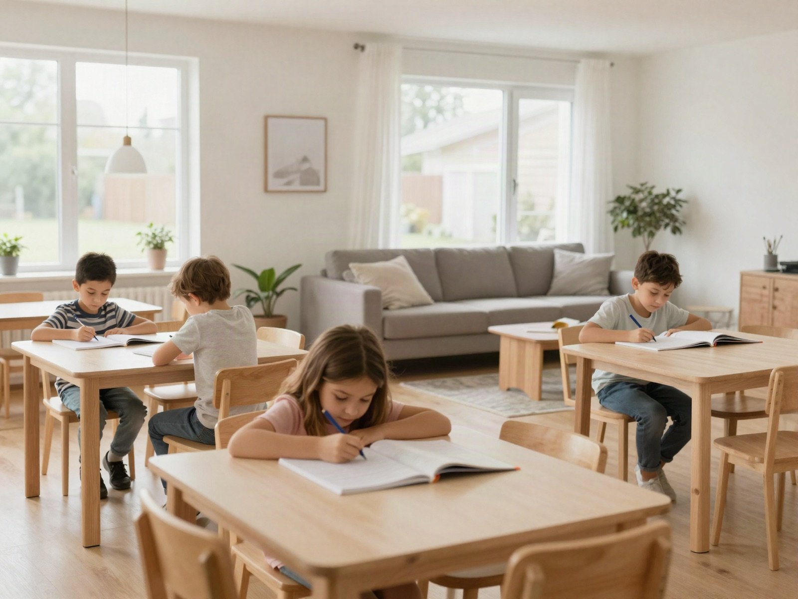 Children doing homework in the bright common room of a shelter home