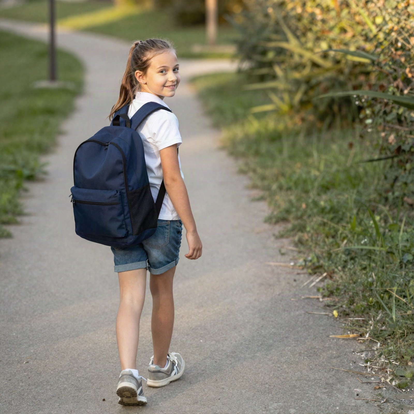 A smiling girl with a backpack walking along a path to school
