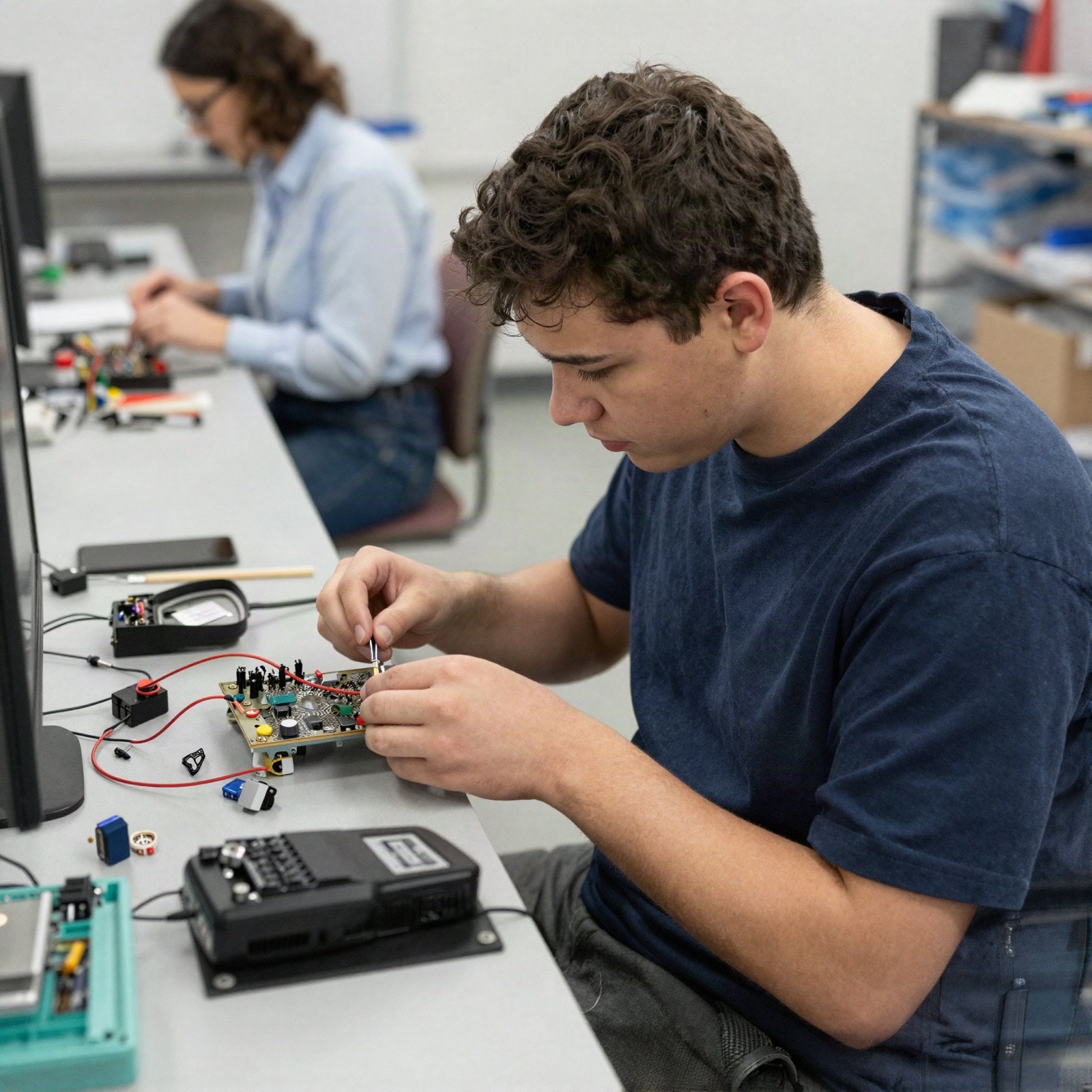 A teenage boy learning to repair electronics at a training workbench
