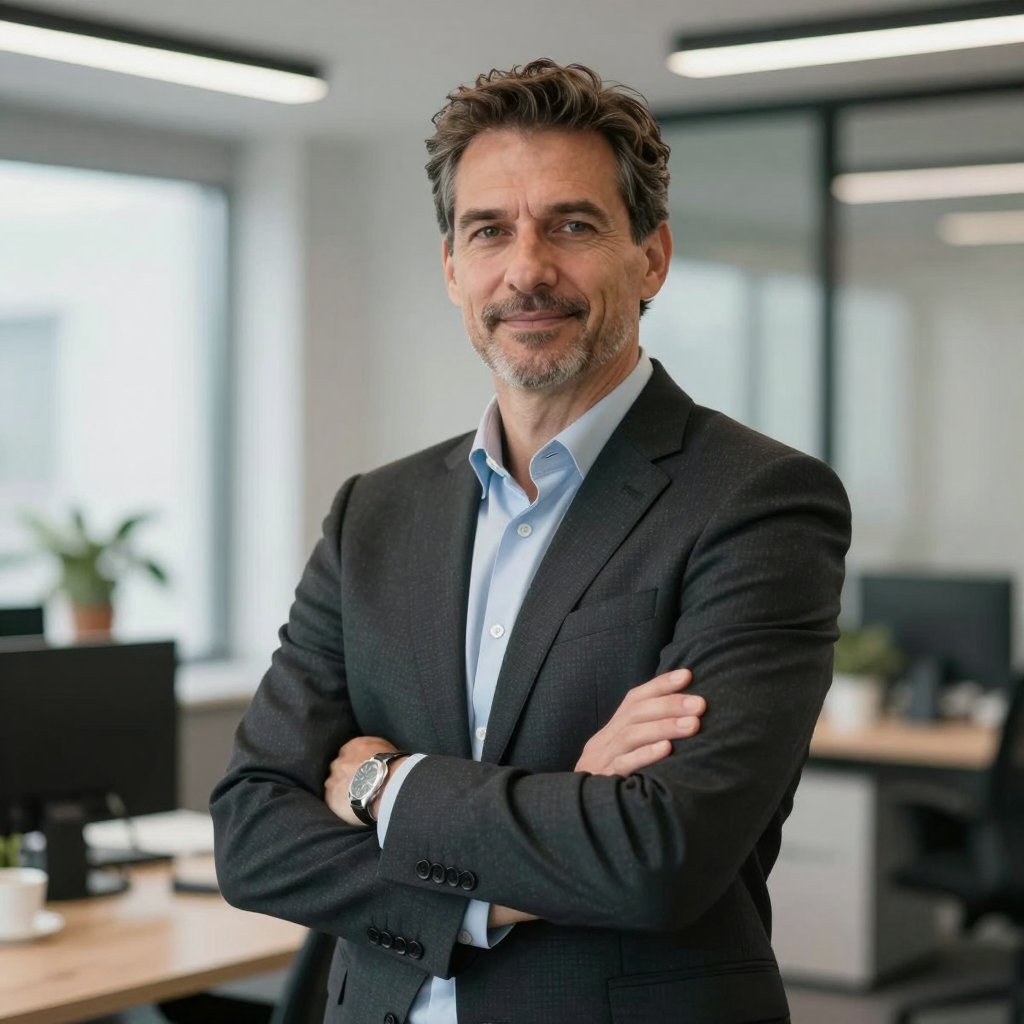 Portrait of a company vice president in a dark suit in a modern office