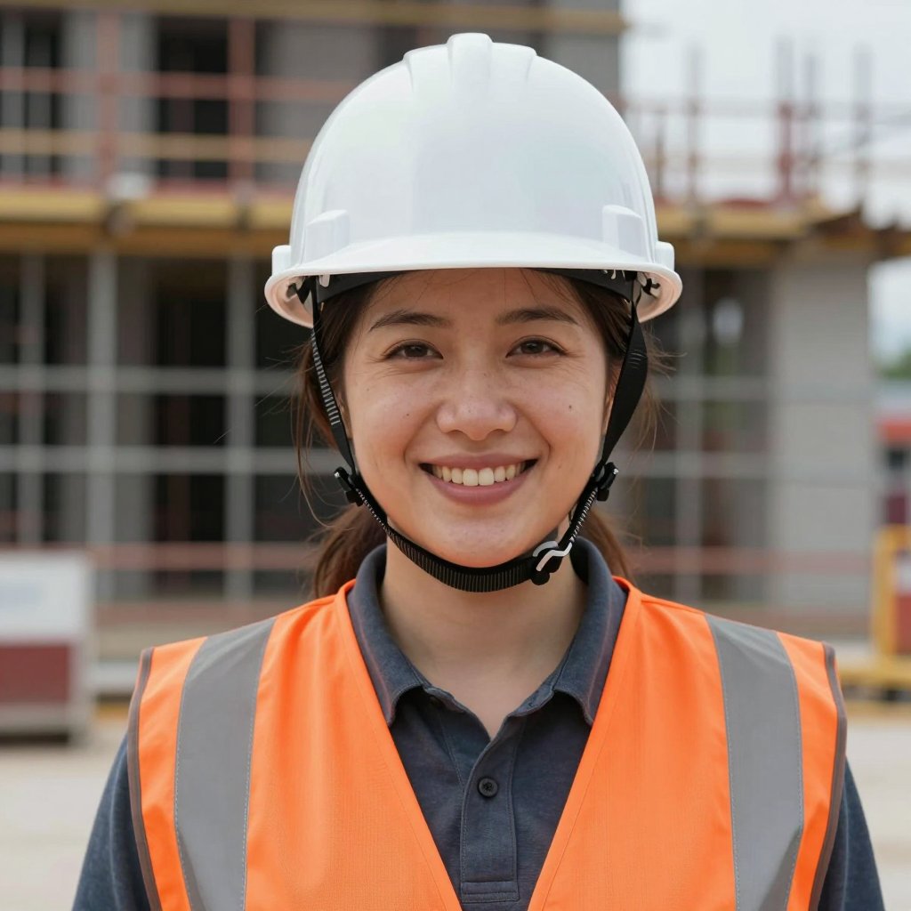 Portrait of a smiling project leader in a white hard hat and orange safety vest on site