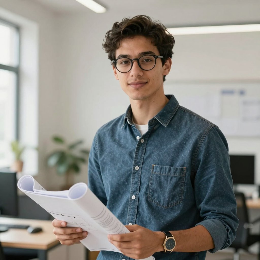 Portrait of a young architect with glasses holding rolled plans in the studio