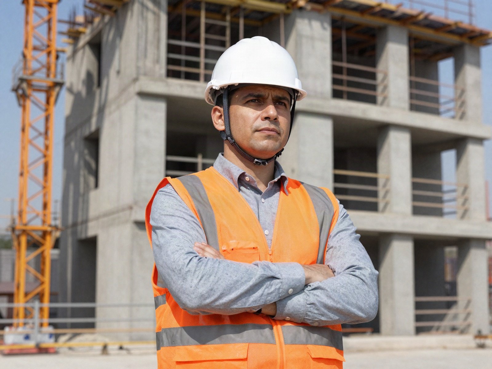 A site manager in a white hard hat and orange safety vest in front of a concrete building under construction