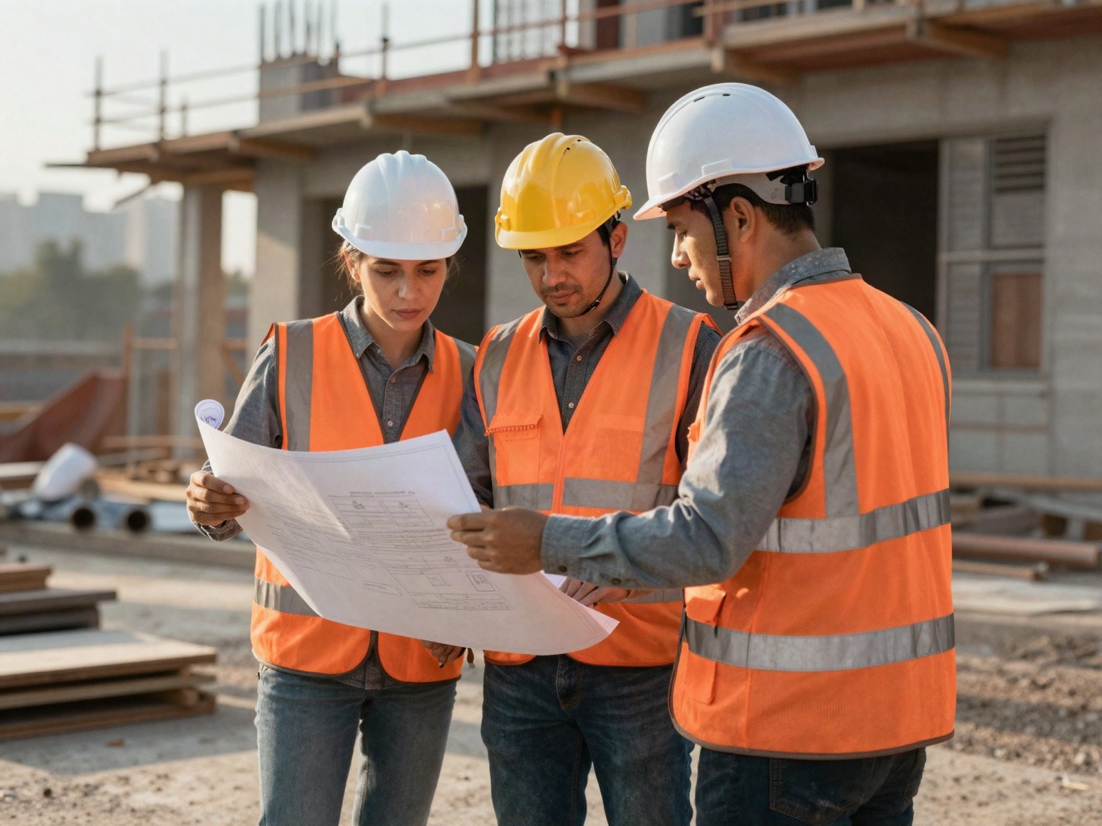 A construction team in hard hats reviewing blueprints on a building site