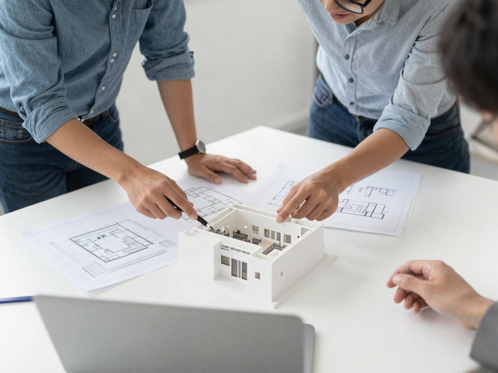An architect and a client discussing plans beside a white architectural model