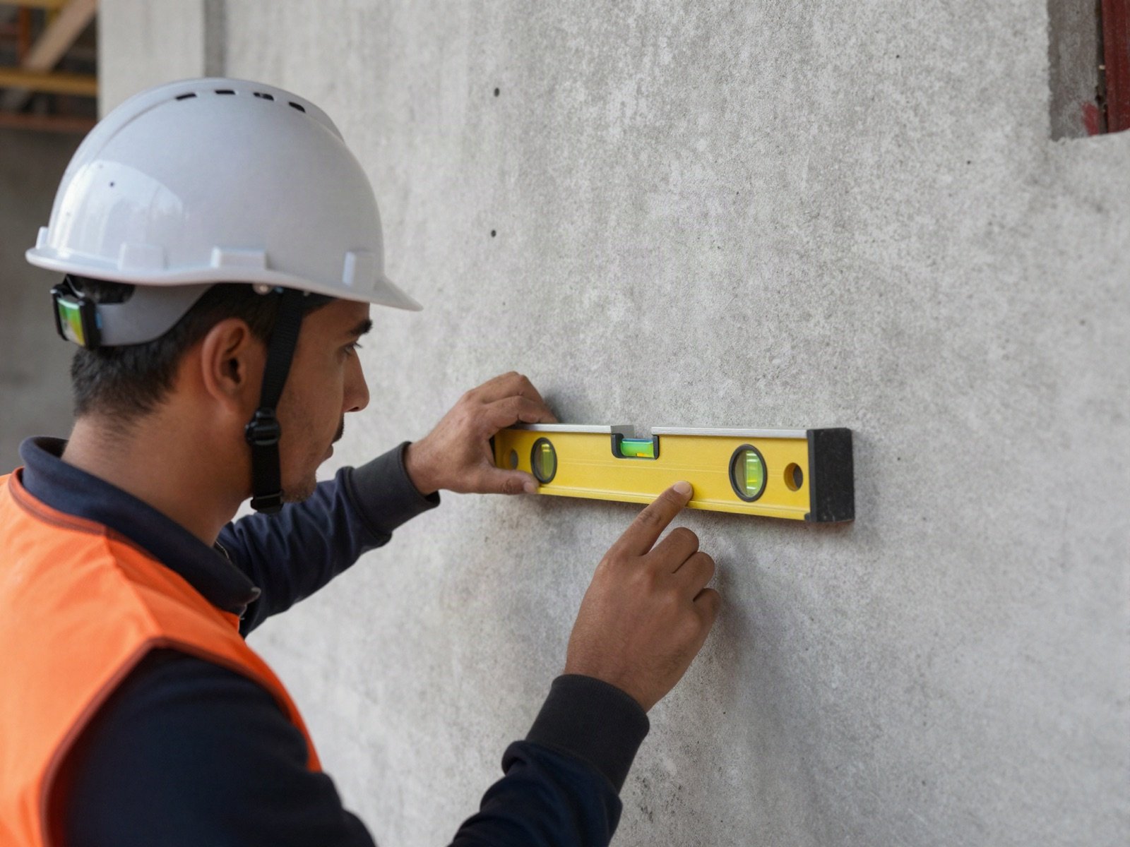 A worker checking a concrete wall with a spirit level