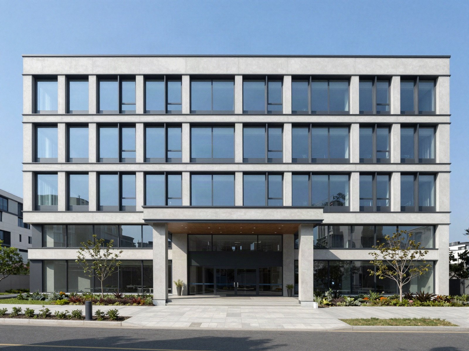 A newly completed modern concrete and glass office building