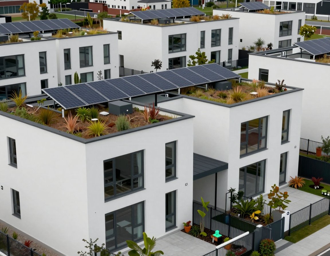 White townhouses with planted green roofs, solar panels and private gardens