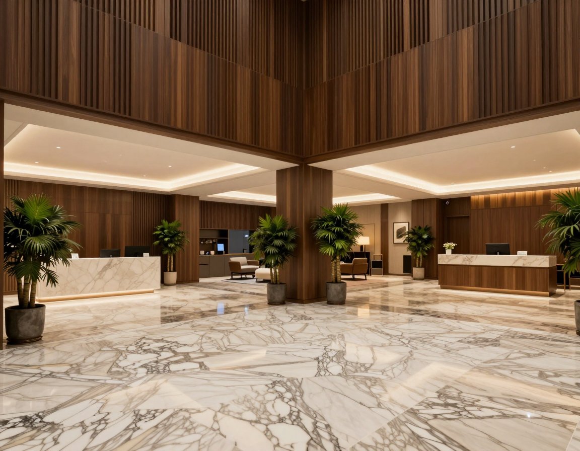 A residential lobby with marble floors, wooden wall panels and potted palms