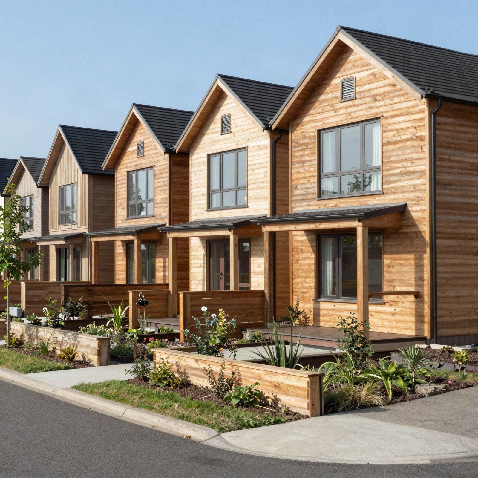 Row of timber-clad family townhouses with front gardens