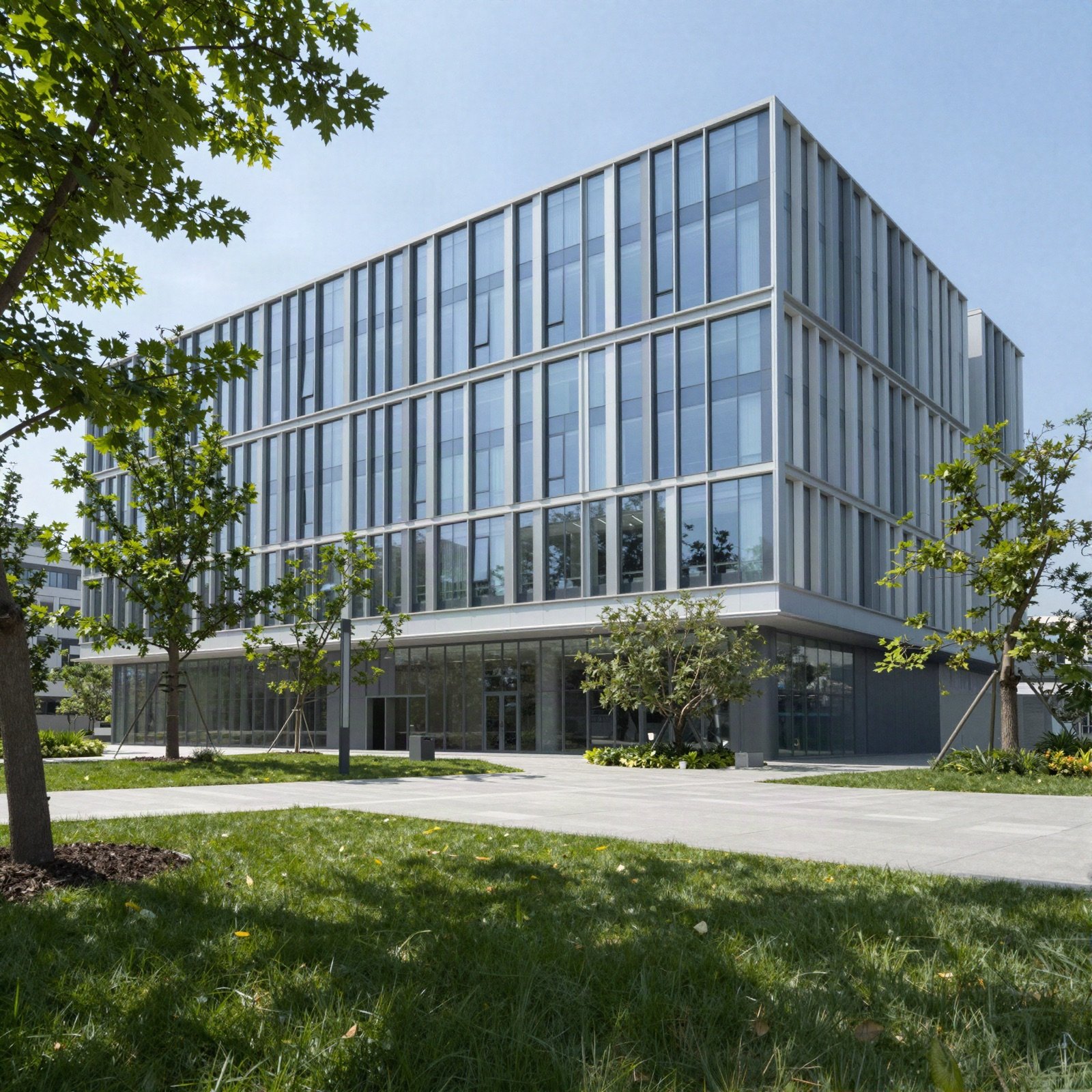 Glass office building around a landscaped green courtyard