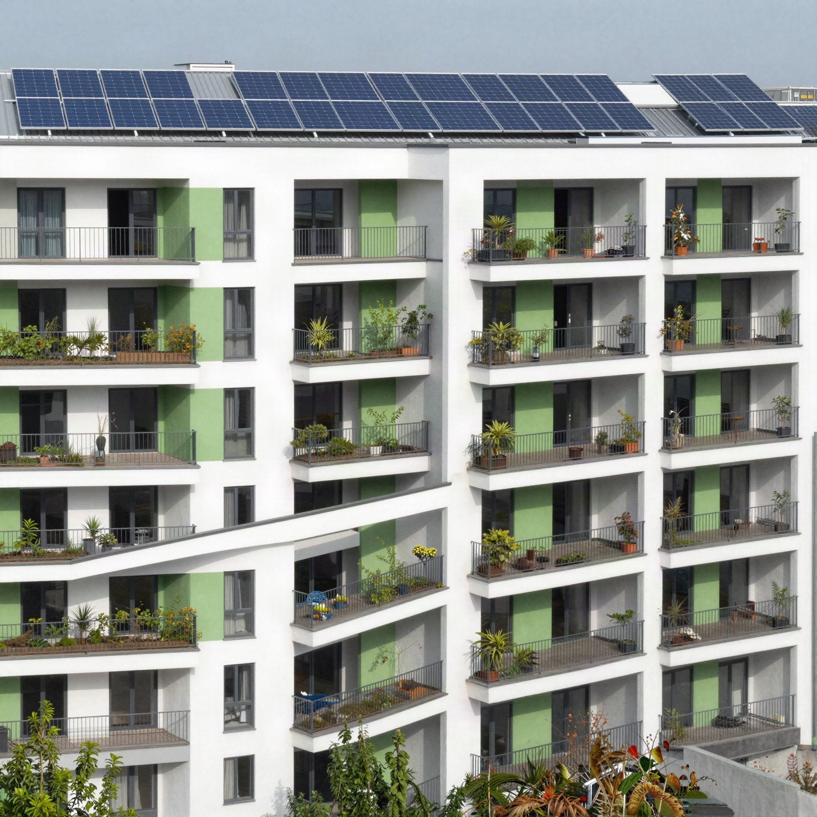 White and green apartment block with solar panels and planted balconies