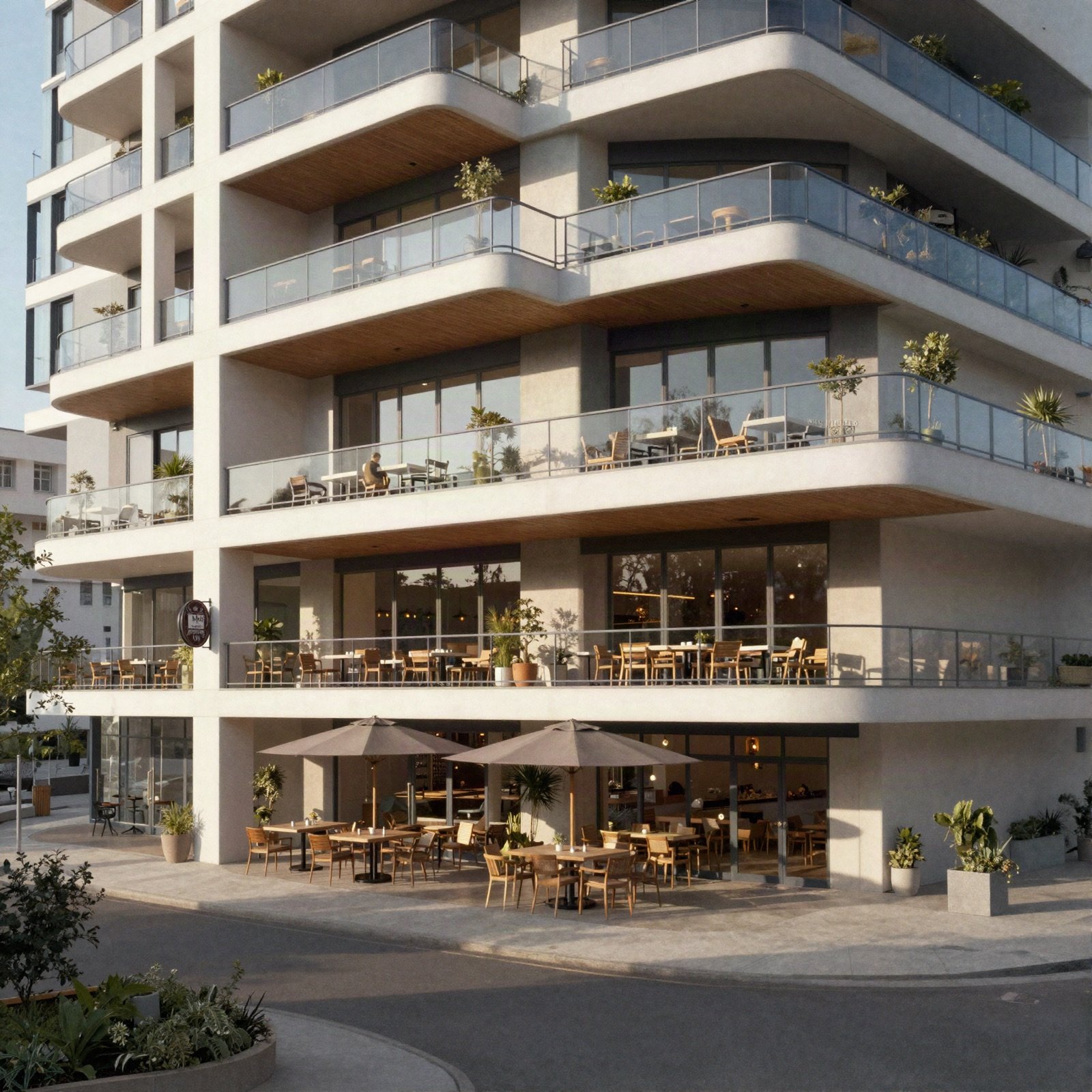 Apartments above street-level cafés with outdoor seating