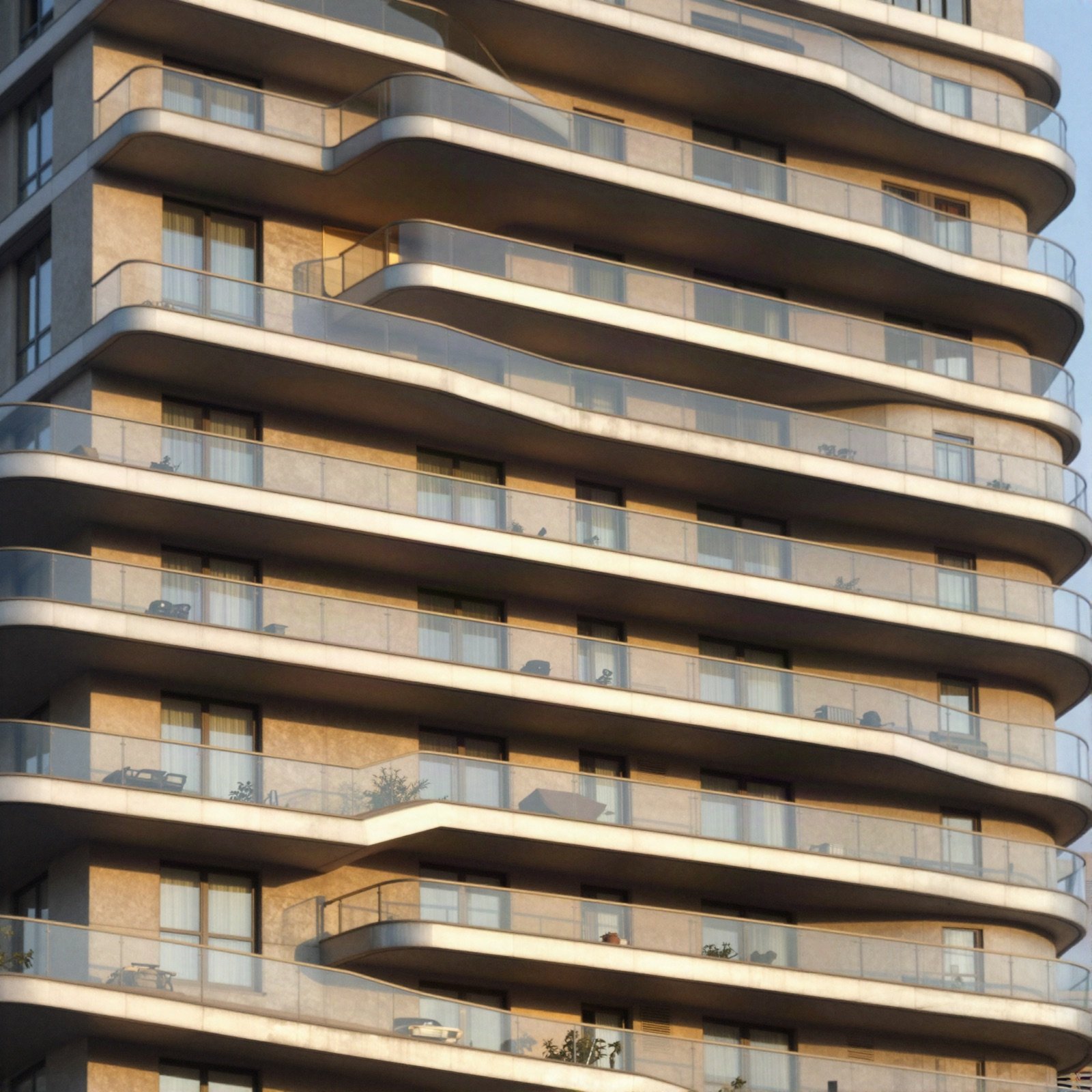 Apartment building with curved glass terraces in warm sunset light
